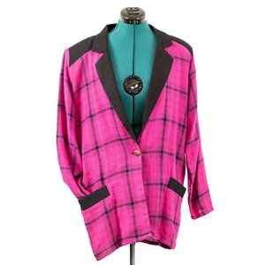 SMW Vintage 80s/90s Blazer Jacket Coat Pink Black Plaid Long Sleeve One Button